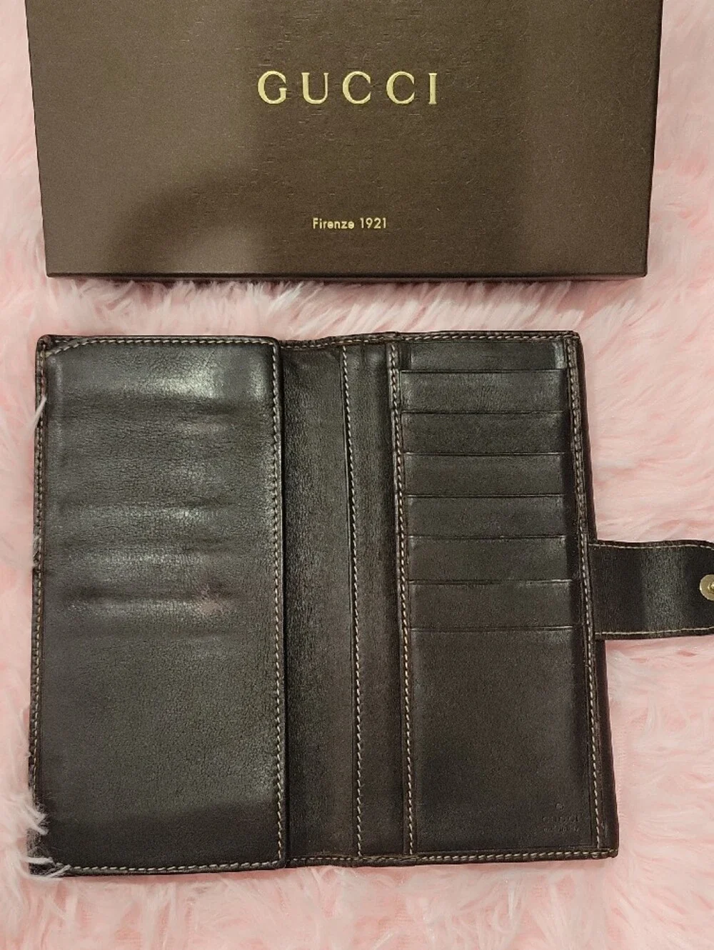 Gucci Beige and Brown GG Canvas Continental Wallet with Gold Heart